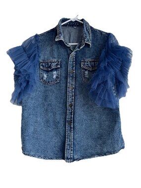 Sun Imperial Valerie Denim Top Sz M Tulle Ruffle Sleeve Cowgirl Western Twee